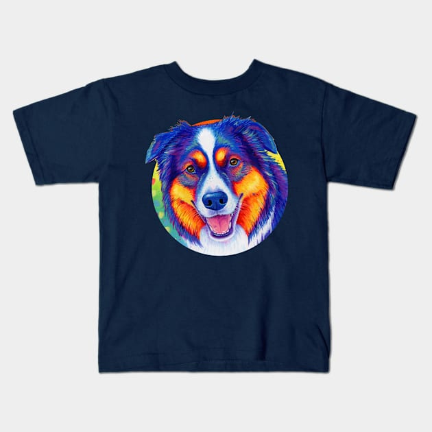 Rainbow Tricolor Australian Shepherd Dog Kids T-Shirt by rebeccawangart